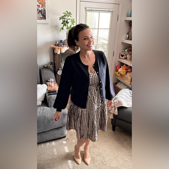 J Crew Lurex Black Gold tired gingham adjustable straps stretch back dress sz 8 - Picture 4 of 11